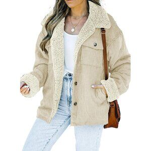 Women's A Apricot Jacket Vests Coat Fleece Fur Collar Button Down Winter Warm